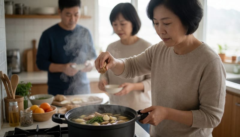 국물 요리에 향신료로 간을 맞추는 여성의 모습