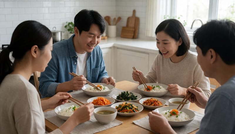 가족이 집에서 소박한 밥상을 차려 함께 식사하는 모습
