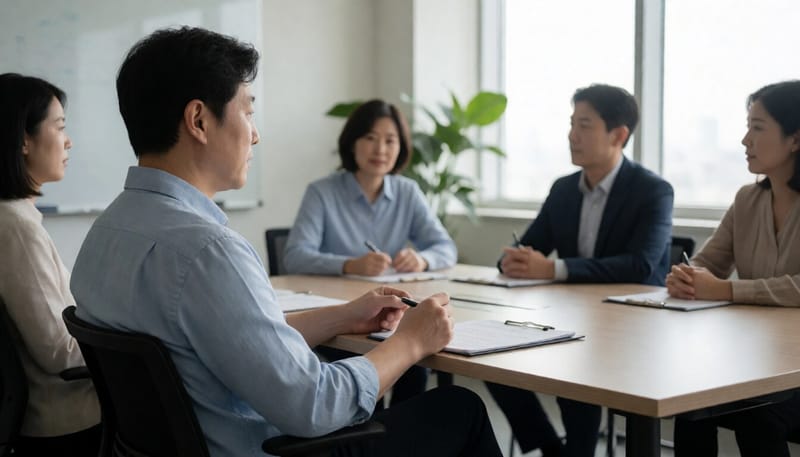 회의 중 가만히 있지 못하고 안절부절못하는 남성