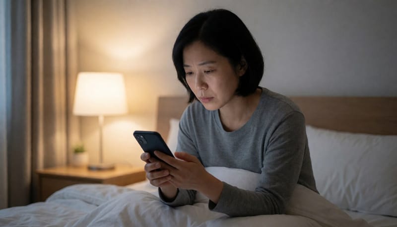 늦은 밤 스마트폰으로 정보를 찾아보는 여성의 모습
