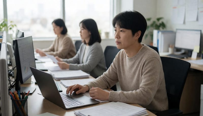 산만한 표정으로 책상 앞에 앉아 있는 직장인의 모습