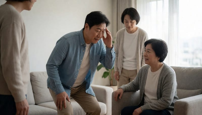 의자에서 일어서다 어지럼증을 느끼며 손잡이를 잡은 남성