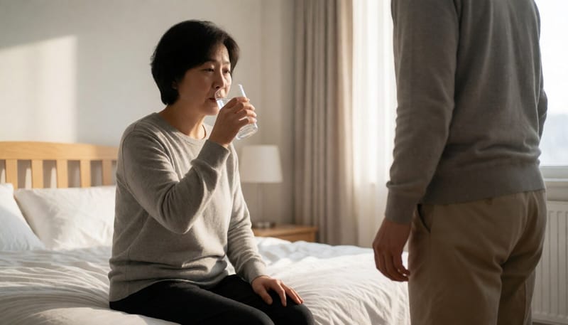 아침에 침대에 앉아 물을 마시는 여성