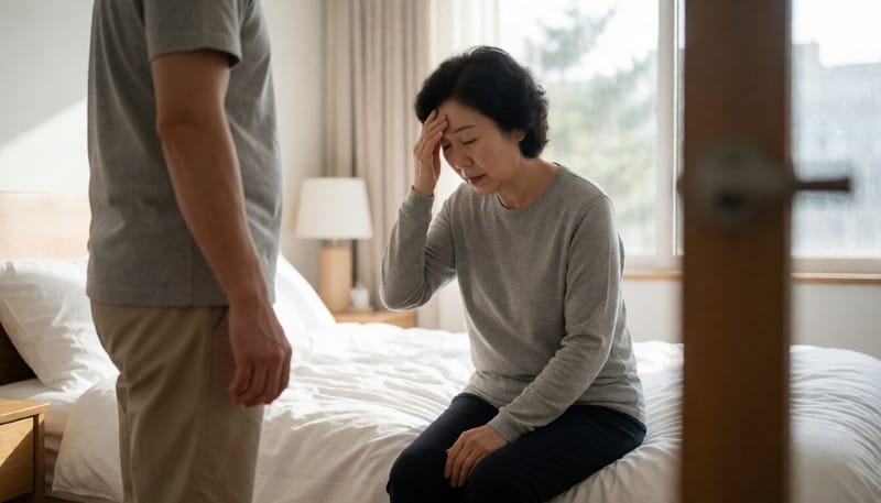 아침에 침대에서 일어나며 어지럼증을 느끼는 여성