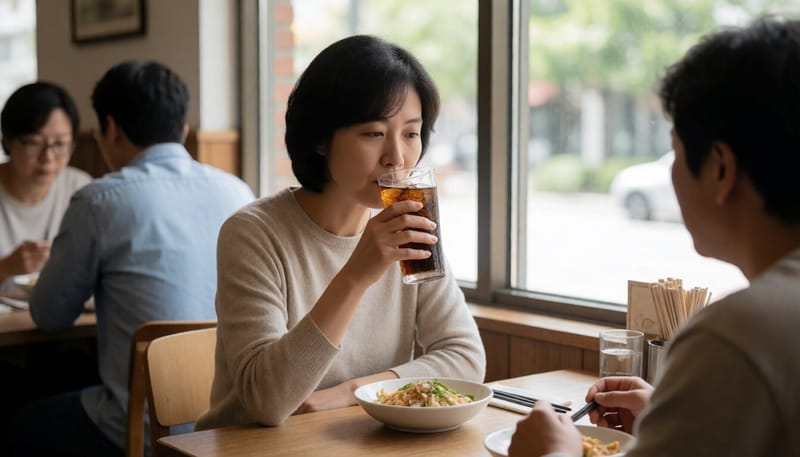 탄산음료를 마시다 딸꾹질을 하는 여성