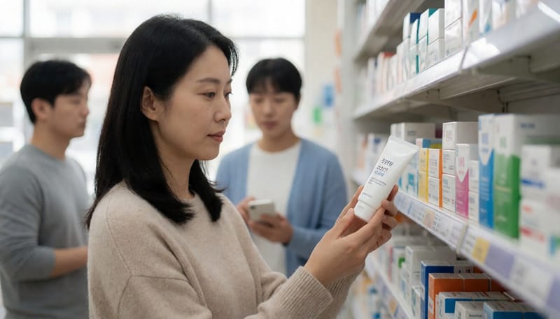 약국에서 여드름 연고를 살펴보는 여성