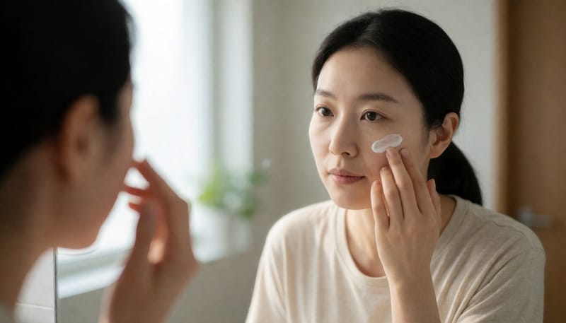 거울 앞에서 여드름 연고를 바르는 여성의 모습