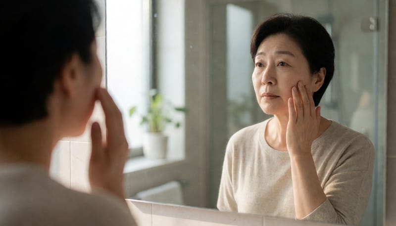 거울을 보며 둥글어진 얼굴을 살펴보는 여성