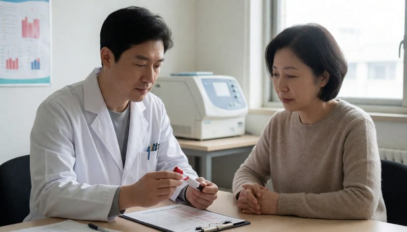 진료실에서 혈액검사 결과를 상담하는 의사와 환자
