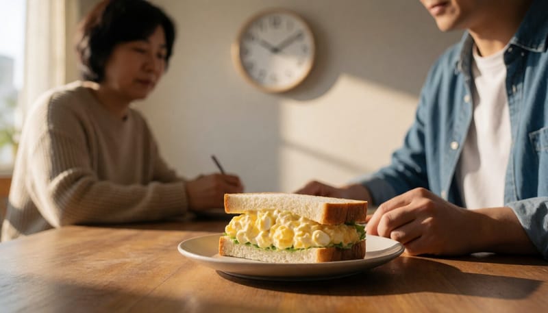 실온에 오래 놓인 삶은 달걀 샌드위치의 모습