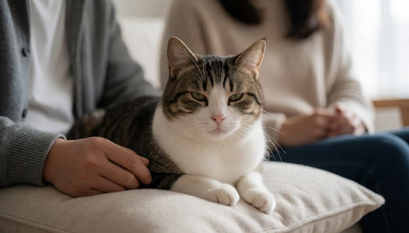 쿠션 위에 편안히 누워 눈을 감은 고양이