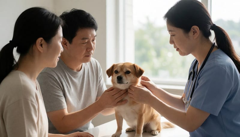 동물병원에서 강아지의 치아 상태를 살펴보는 수의사