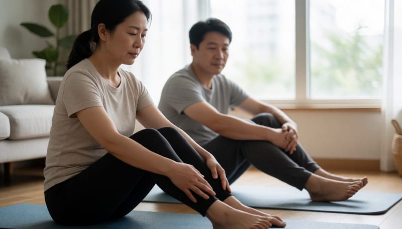 집에서 요가매트 위에 앉아 종아리를 폼롤러로 마사지하는 여성