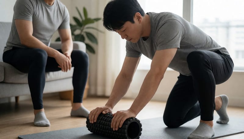 무릎 관절을 피해 허벅지 바깥쪽을 조심스럽게 굴리는 남성