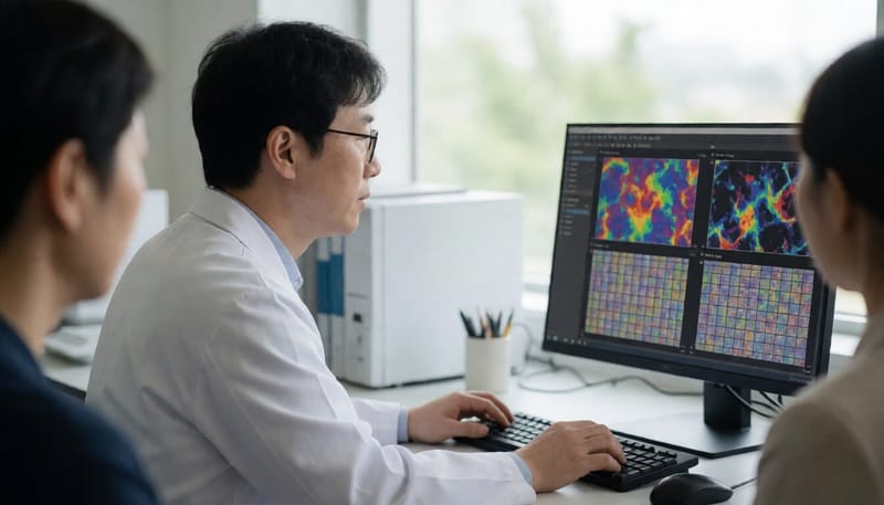 실험실에서 DNA 메틸화 데이터를 확인하는 연구원