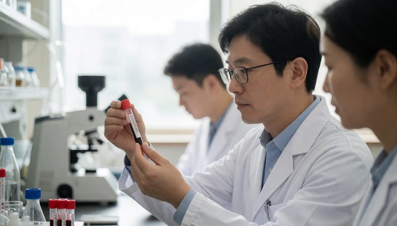 실험실에서 혈액 샘플을 분석하는 연구원의 모습