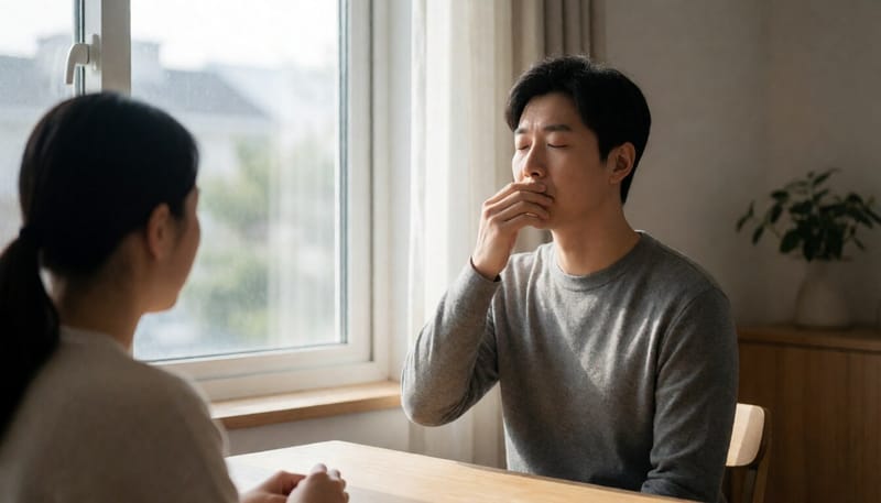 집에서 심호흡을 하며 휴식을 취하는 남성의 모습