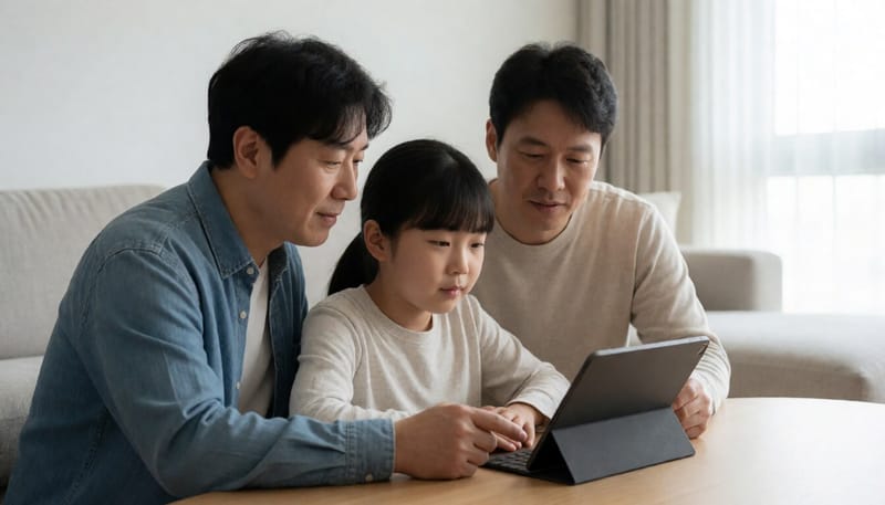 가족이 함께 온라인으로 서류 절차를 확인하는 모습