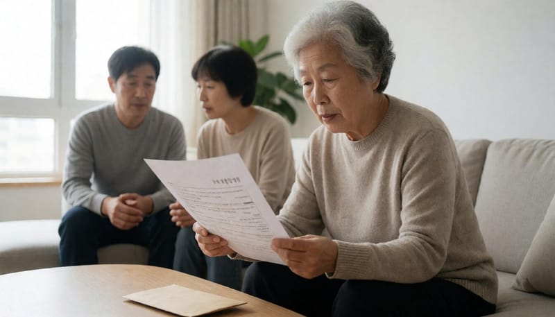 우편으로 받은 안내문을 읽는 노년 여성