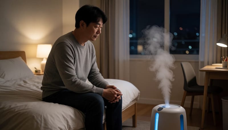 침실에서 가습기를 사용하는 모습