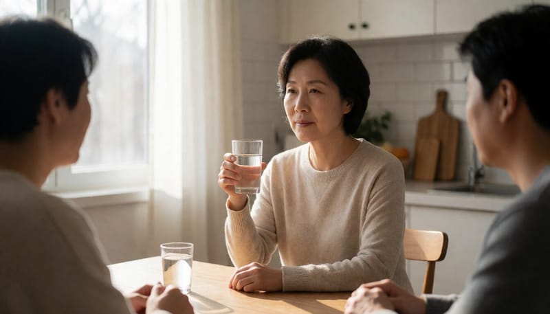 물잔을 들고 입안 건조함을 느끼는 여성의 모습