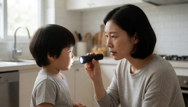 아이의 입안을 살펴보는 엄마