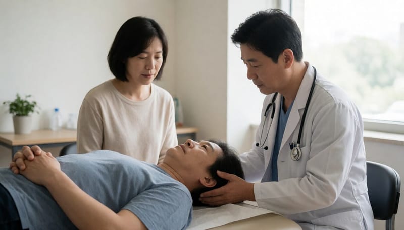 검사대에 누운 환자의 머리를 움직여 눈동자 움직임을 살피는 의료진