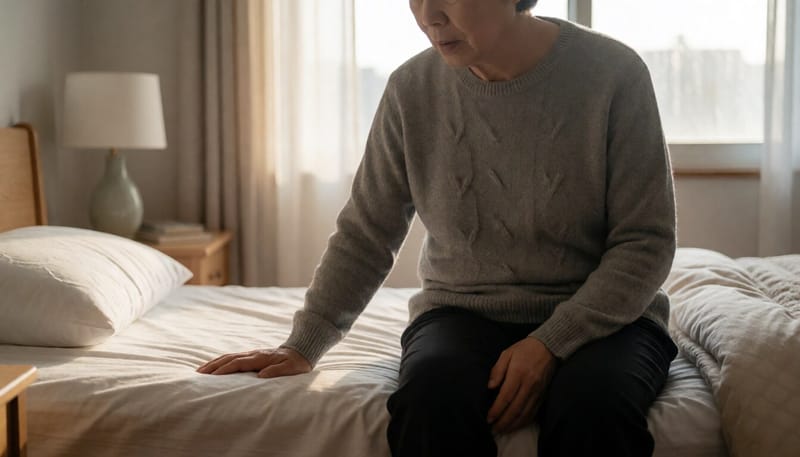 아침에 침대에서 천천히 몸을 일으키는 사람의 모습