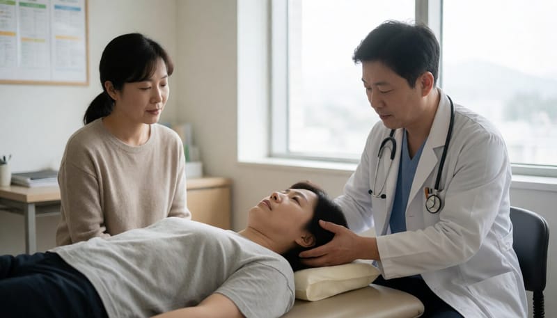 의료진이 환자의 머리를 돌려 어지럼증 원인을 확인하는 모습