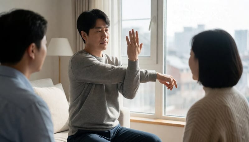 팔과 손의 힘을 확인하며 스트레칭하는 남성의 모습
