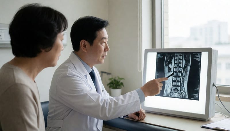의사가 목뼈 자기공명영상을 보며 환자에게 설명하는 모습