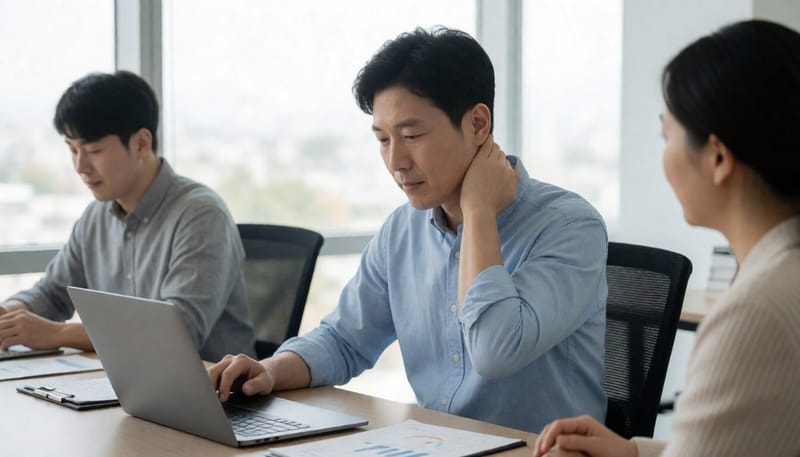 사무실에서 목을 손으로 짚고 통증을 느끼는 직장인의 모습