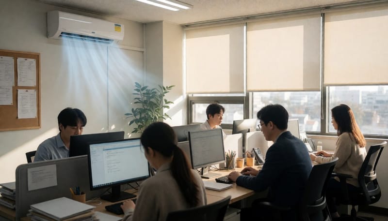 창문이 닫힌 사무실에서 에어컨이 가동되는 모습