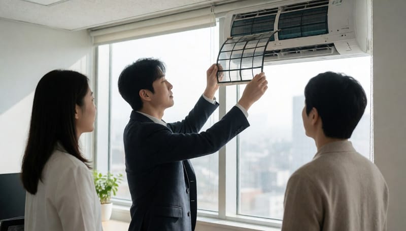 사무실에서 에어컨 필터를 꺼내 상태를 점검하는 모습
