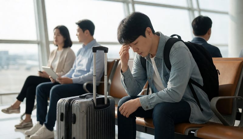 공항에서 두통을 호소하며 이마를 짚은 여행객의 모습