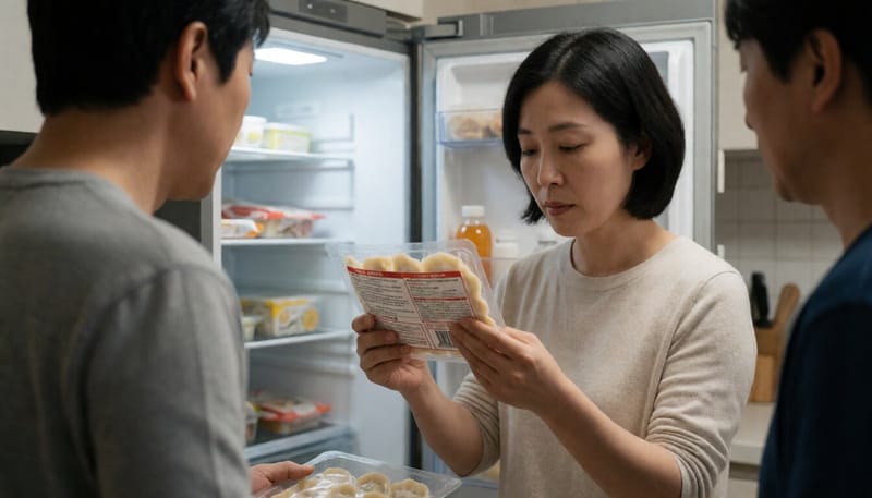 가정집 주방에서 냉동만두 포장지 표시사항을 확인하는 모습