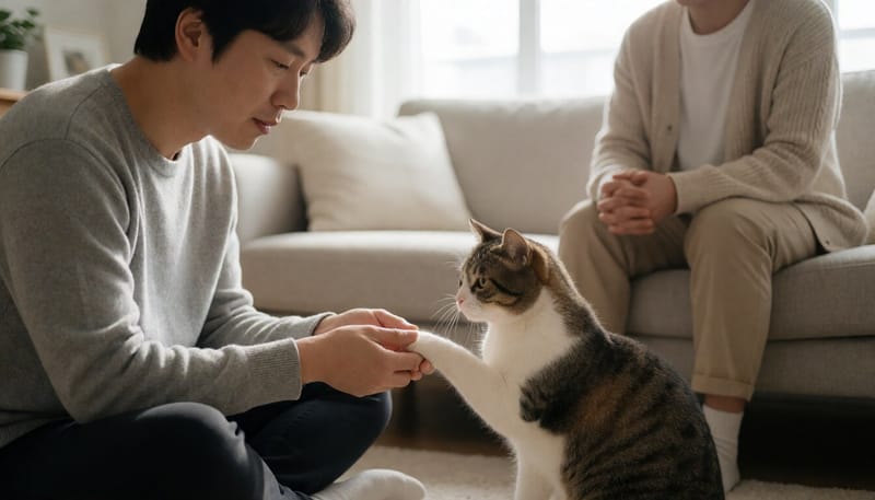 고양이 발가락 상태를 살펴보는 보호자