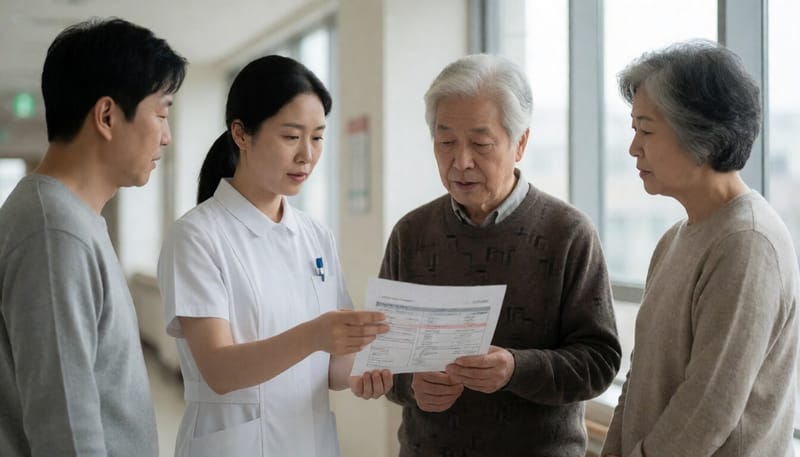 병원 복도에서 진료비 명세를 설명받는 환자의 모습