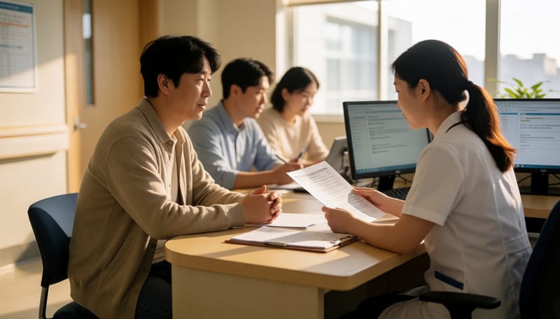 병원 원무과에서 진료비 관련 서류를 상담하는 환자와 직원의 모습