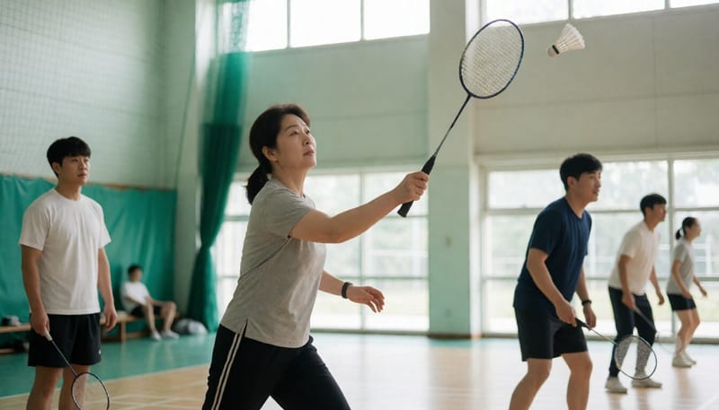 실내 배드민턴 코트에서 스매시 동작을 하는 여성의 모습