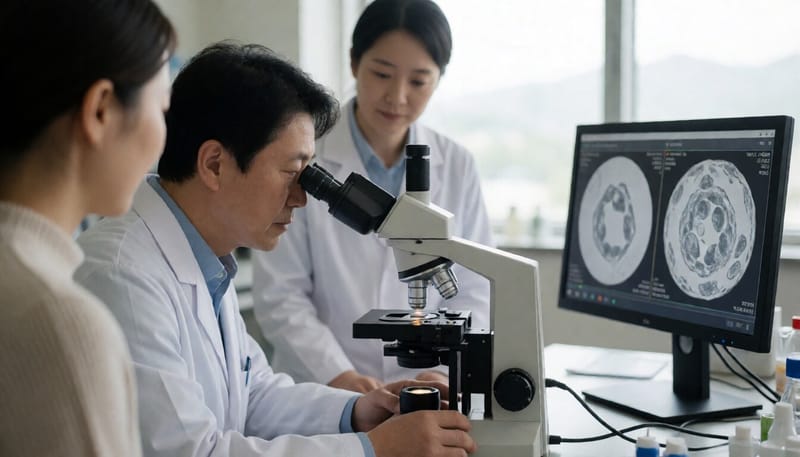 연구원이 현미경으로 세포를 관찰하는 모습
