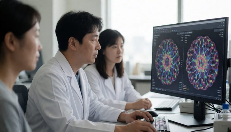 연구원이 실험실에서 세포 데이터 화면을 살펴보는 모습