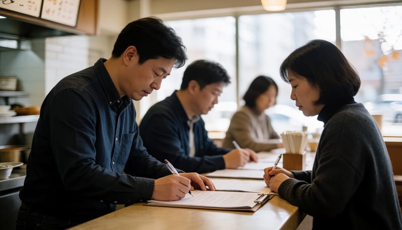 간소화된 영업 신고 서류를 작성하는 음식점 사장님