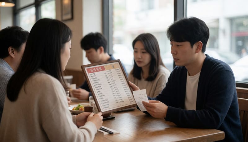 메뉴판 가격과 영수증을 비교하는 손님