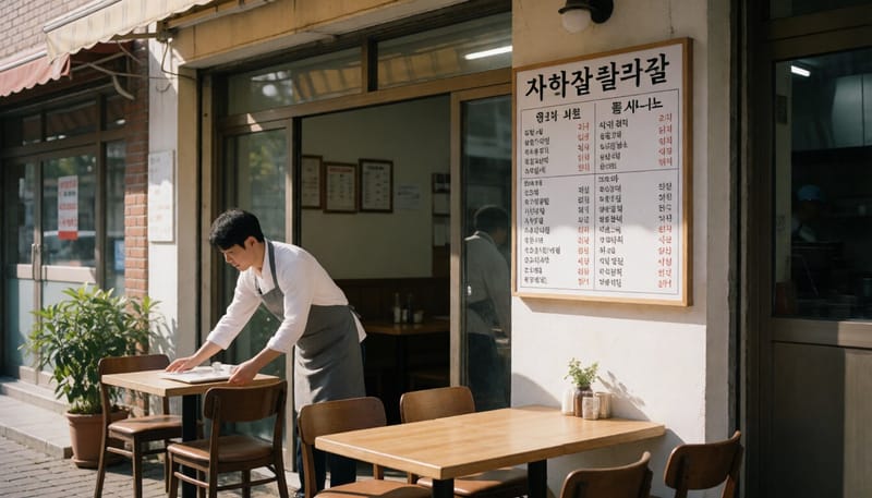 메뉴판이 걸린 소규모 음식점 내부에서 영업 준비를 하는 모습