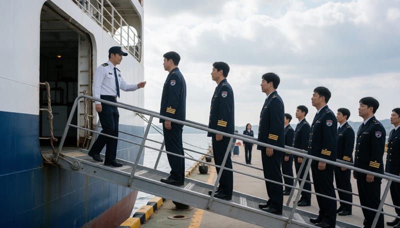 검역관이 화물선에 올라 선원들을 확인하는 모습