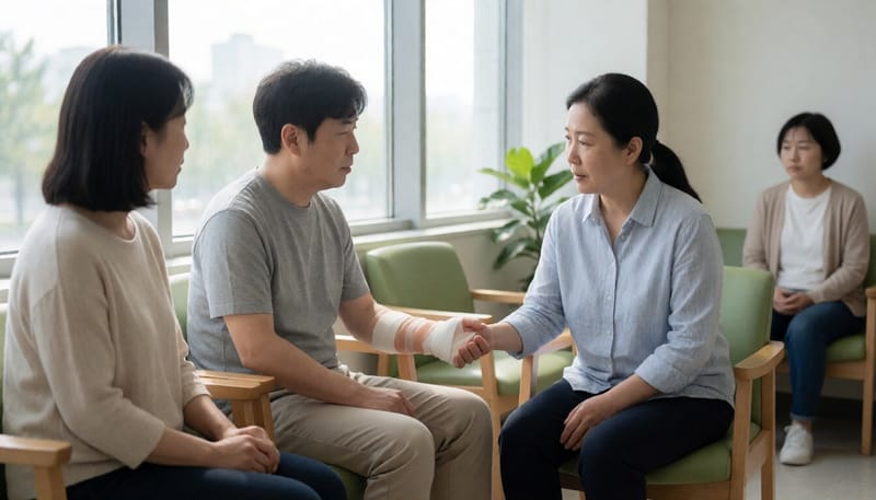 부어오른 팔을 진료받기 위해 병원을 찾은 성인의 모습