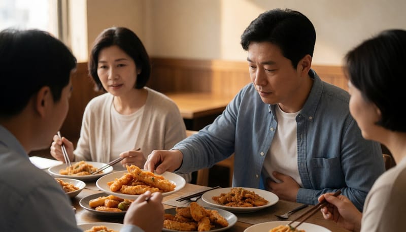 기름진 음식을 먹은 뒤 속이 불편해 음식을 미루는 남성