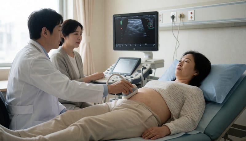 병원에서 복부 초음파 검사를 받고 있는 환자의 모습