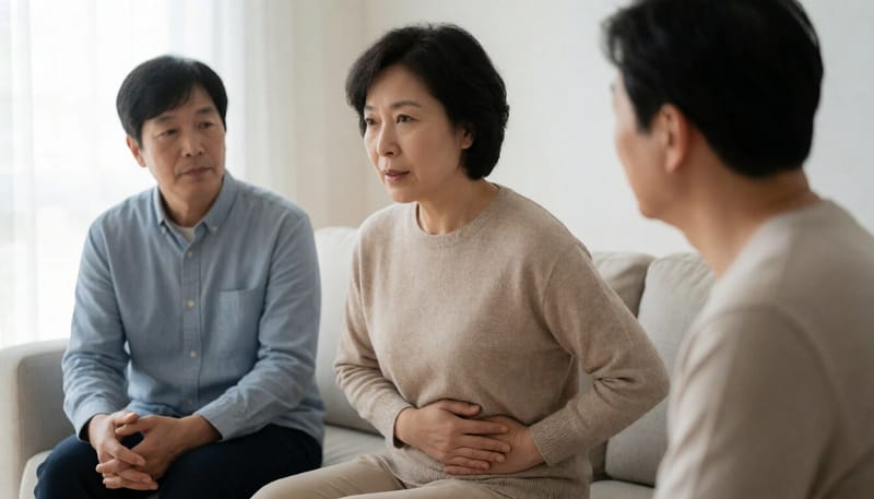 오른쪽 윗배를 손으로 짚고 통증을 호소하는 여성의 모습
